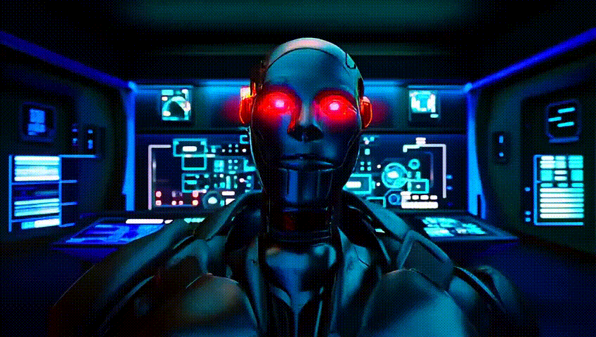 A superintelligent humanoid robot waking up.gif